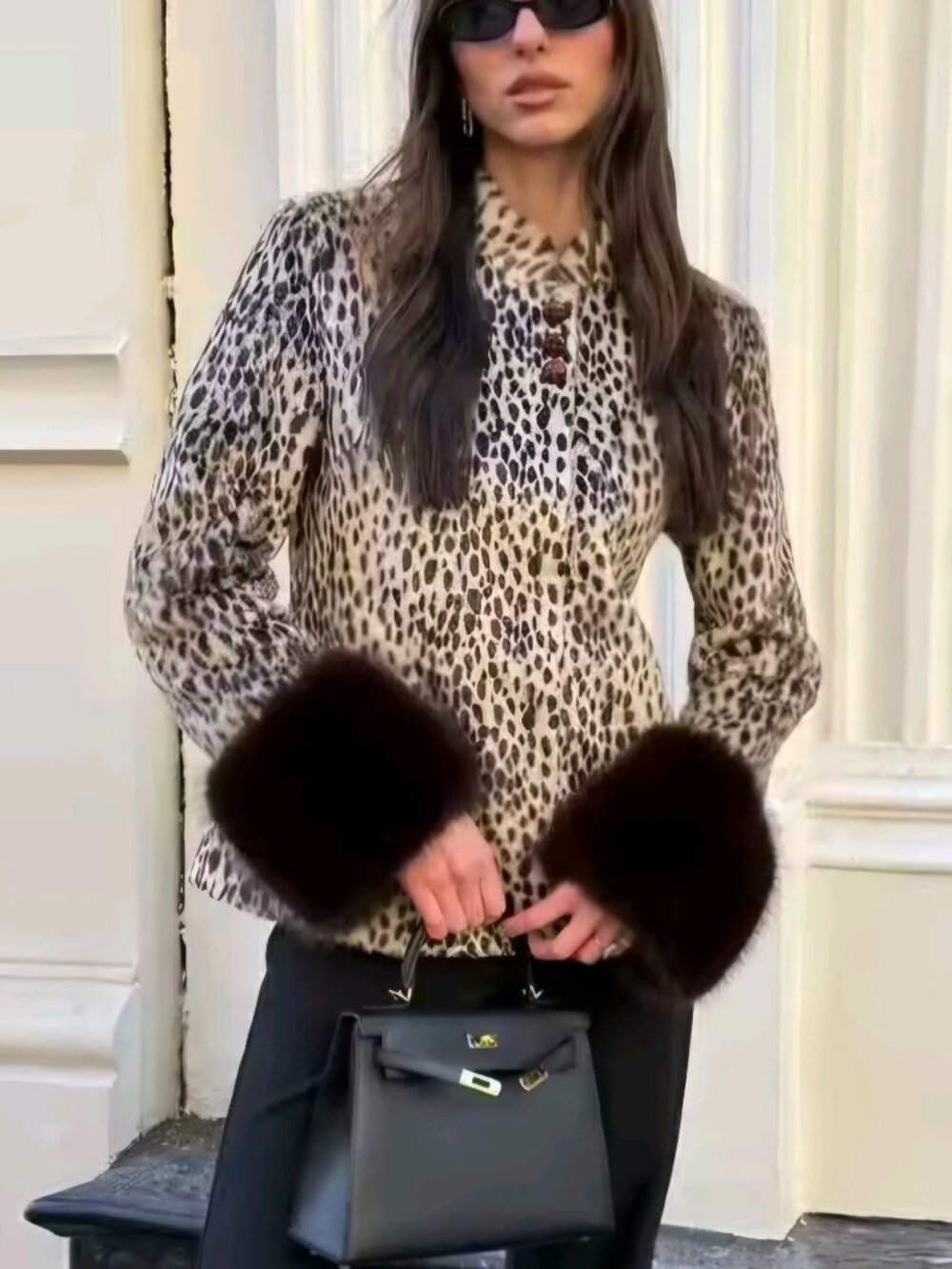 Leopard Print Teddy Jacket with Dark Brown Fur Cuffs